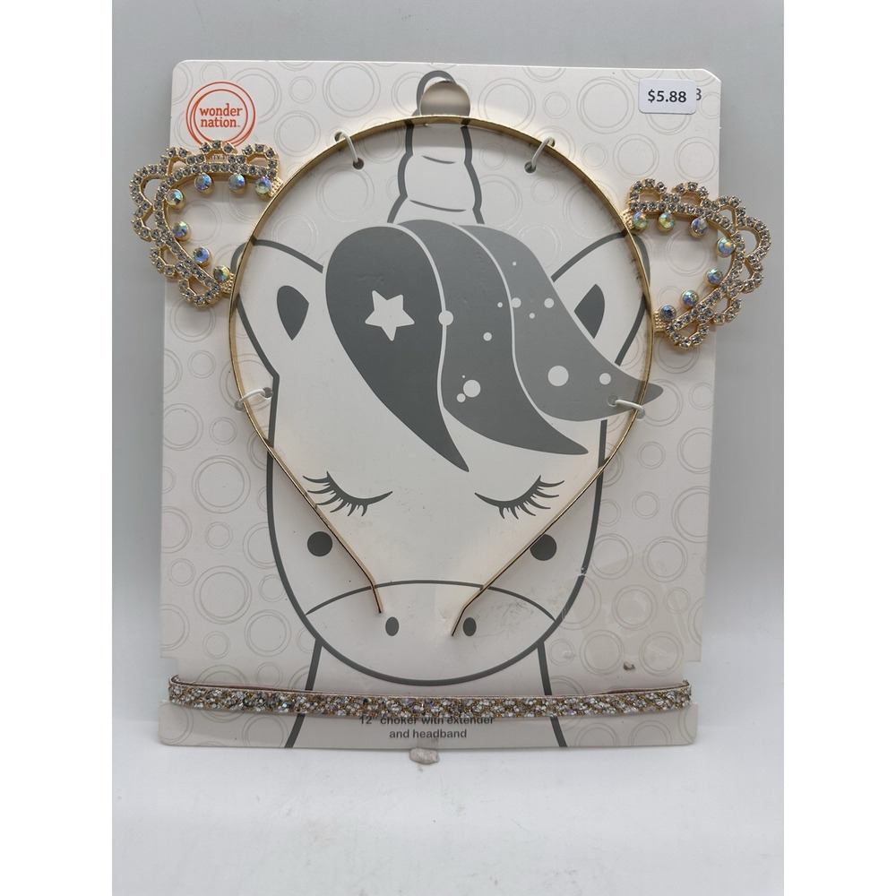 Wonder Nation Kids Unicorn Crown Headband & Choker Set Gold Rhinestones‎ NWT